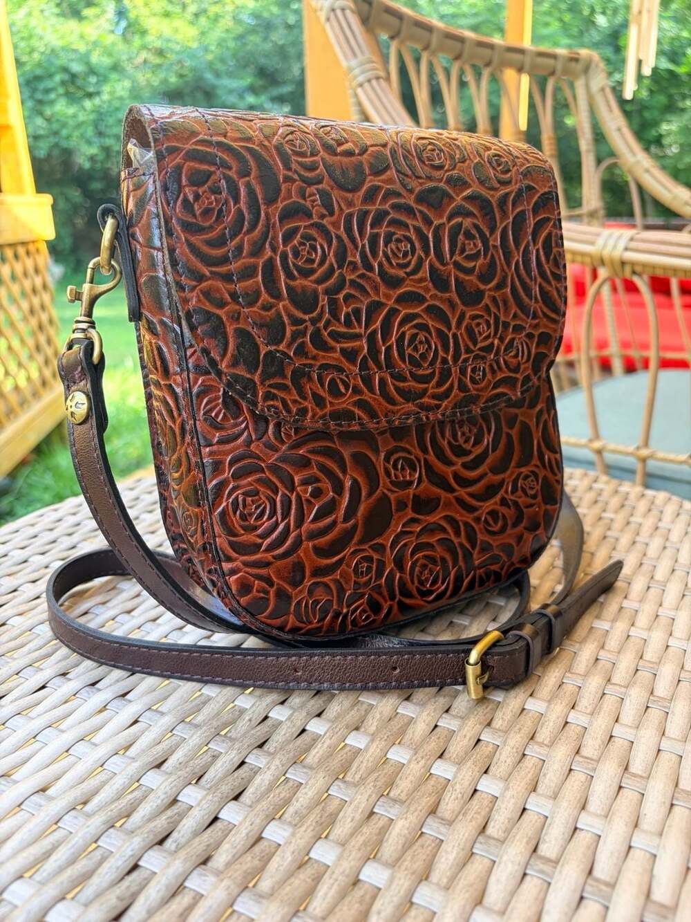 Patricia Nash Rose Embossed Burnished Leather Crossbody Bag